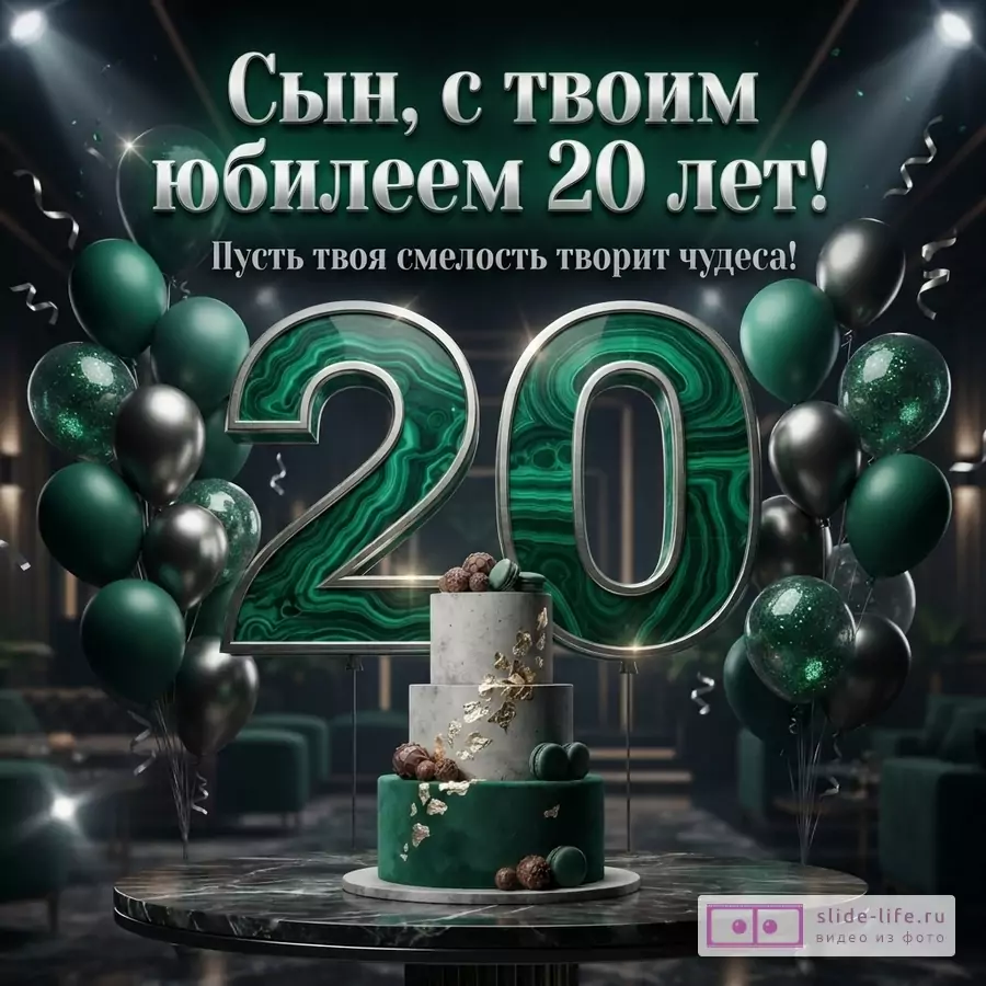Изумрудные и серебряные шары, торт и объемная цифра 20 с малахитовым узором. Текст: «Сын, с твоим юбилеем 20 лет! Пусть твоя смелость творит чудеса!»