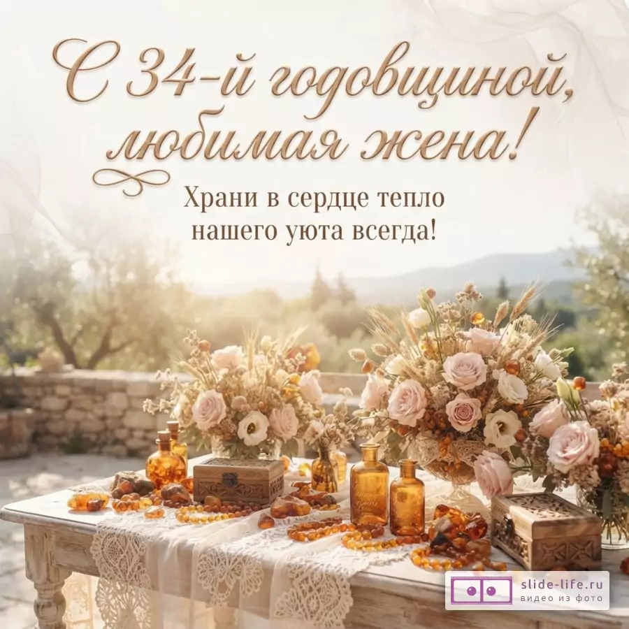 Бежевый фон, текст коричневого цвета «С 34-й годовщиной, любимая жена! Храни в сердце тепло нашего уюта всегда!». На переднем плане стол с цветочными композициями из роз и колосьев, янтарными украшениями и флаконами.