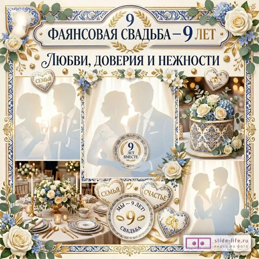 «Фаянсовая свадьба — 9 лет. Любви, доверия и нежности», кремово-белый фон с сине-золотым орнаментом, белые розы, фарфоровая посуда, сервировка стола и силуэты пары.