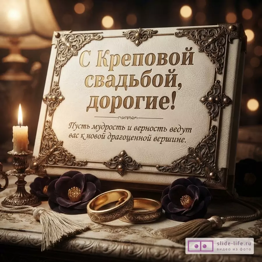Открытка с бежевым фоном и золотистой рамкой, на которой написано «С Креповой свадьбой, дорогие! Пусть мудрость и верность ведут вас к новой драгоценной вершине.». Рядом горящая свеча, два золотых кольца и фиолетовые цветы.