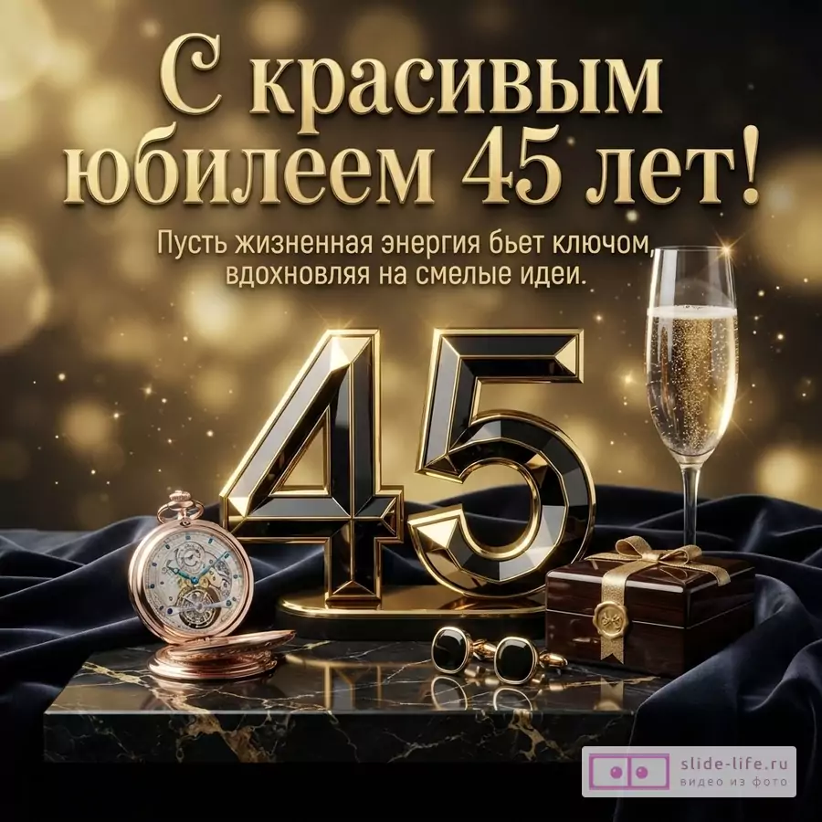 Открытка с золотым фоном боке, черной драпировкой, золотыми цифрами «45», бокалом шампанского, часами и запонками. Текст: «С красивым юбилеем 45 лет! Пусть жизненная энергия бьет ключом, вдохновляя на смелые идеи.»