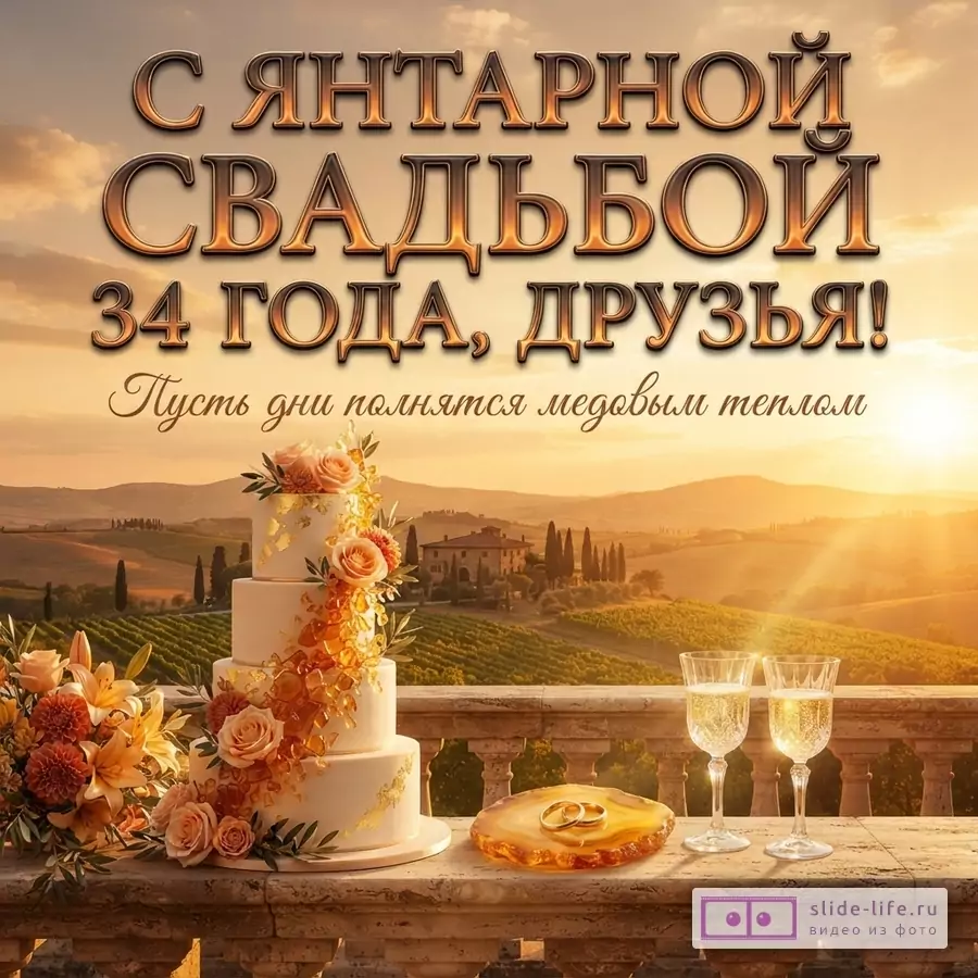 Фон с закатом и виноградниками, на переднем плане балкон с тортом, букетом цветов, двумя бокалами шампанского и янтарной подставкой с кольцами. Текст «С Янтарной свадьбой 34 года, друзья! Пусть дни полнятся медовым теплом»