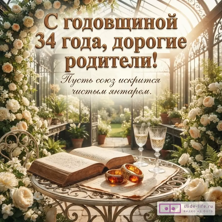 Открытка с бежевым фоном, оранжево-коричневый текст, оранжевые розы, два бокала, две янтарные броши, две книги. Текст: «С годовщиной 34 года, дорогие родители! Пусть союз искрится чистым янтарем.»