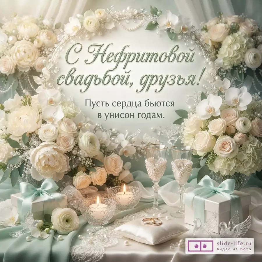 Кремово-мятный фон, цветочные композиции, жемчуг, свечи, бокалы, подарочные коробки, кольца. Текст «С Нефритовой свадьбой, друзья! Пусть сердца бьются в унисон годам.»
