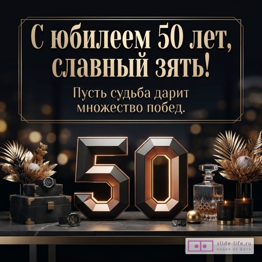 Темный фон, золотая рамка. Текст «С юбилеем 50 лет, славный зять! Пусть судьба дарит множество побед.». Объемные цифры 50 черного и золотого цвета. Декоративные элементы: шкатулки, часы, графин, свечи, золотые листья.