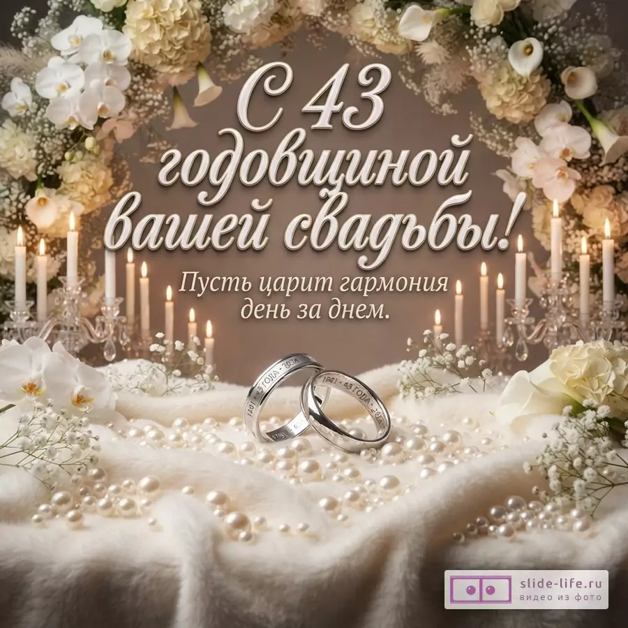 Фон коричневый, сверху цветочная арка из белых и кремовых цветов. В центре надпись «С 43 годовщиной вашей свадьбы! Пусть царит гармония день за днем.». Внизу белая меховая ткань с рассыпанными жемчужинами и двумя обручальными кольцами. По бокам горящие свечи в подсвечниках.