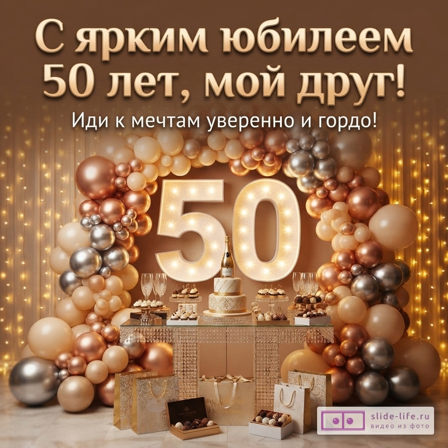 Открытка с золотым фоном, аркой из воздушных шаров бежевого, золотого и серебряного цвета, светящимися цифрами 50, столом с тортом, шампанским и десертами, подарочными пакетами. Текст: «С ярким юбилеем 50 лет, мой друг! Иди к мечтам уверенно и гордо!»
