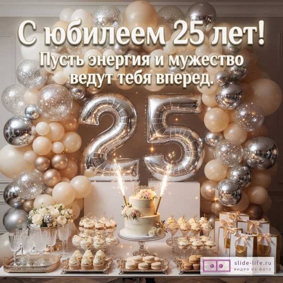 Праздничный кенди-бар с тортом, десертами, серебряными шарами-цифрами 25 и надписью «С юбилеем 25 лет! Пусть энергия и мужество ведут тебя вперед.»