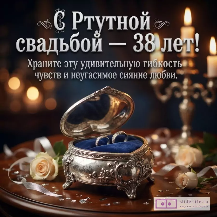 Темный фон, свечи, открытая серебряная шкатулка с двумя кольцами, розы. Текст: «С Ртутной свадьбой — 38 лет! Храните эту удивительную гибкость чувств и неугасимое сияние любви.»
