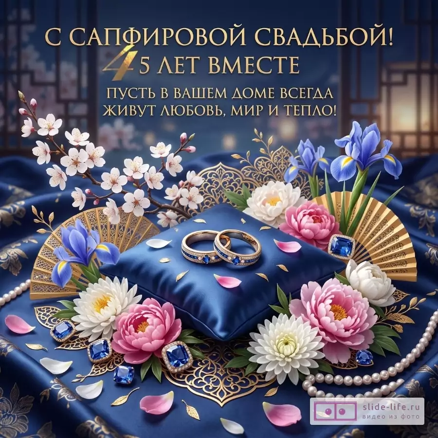 Темно-синий фон, шелковая подушка, обручальные кольца, цветы, веера и жемчуг; надпись «С САПФИРОВОЙ СВАДЬБОЙ! 5 ЛЕТ ВМЕСТЕ пусть в вашем доме всегда живут любовь, мир и тепло!»