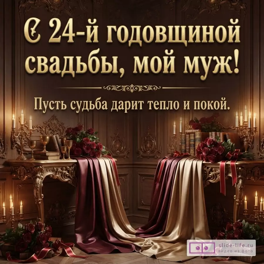 Классический интерьер со свечами, розами и драпировкой атласа с надписью «С 24-й годовщиной свадьбы, мой муж! Пусть судьба дарит тепло и покой.»