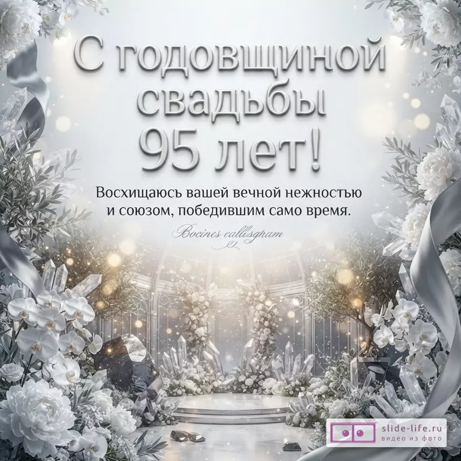 Белые цветы, кристаллы и ленты в светлом зале с текстом «С годовщиной свадьбы 95 лет! Восхищаюсь вашей вечной нежностью и союзом, победившим само время.»