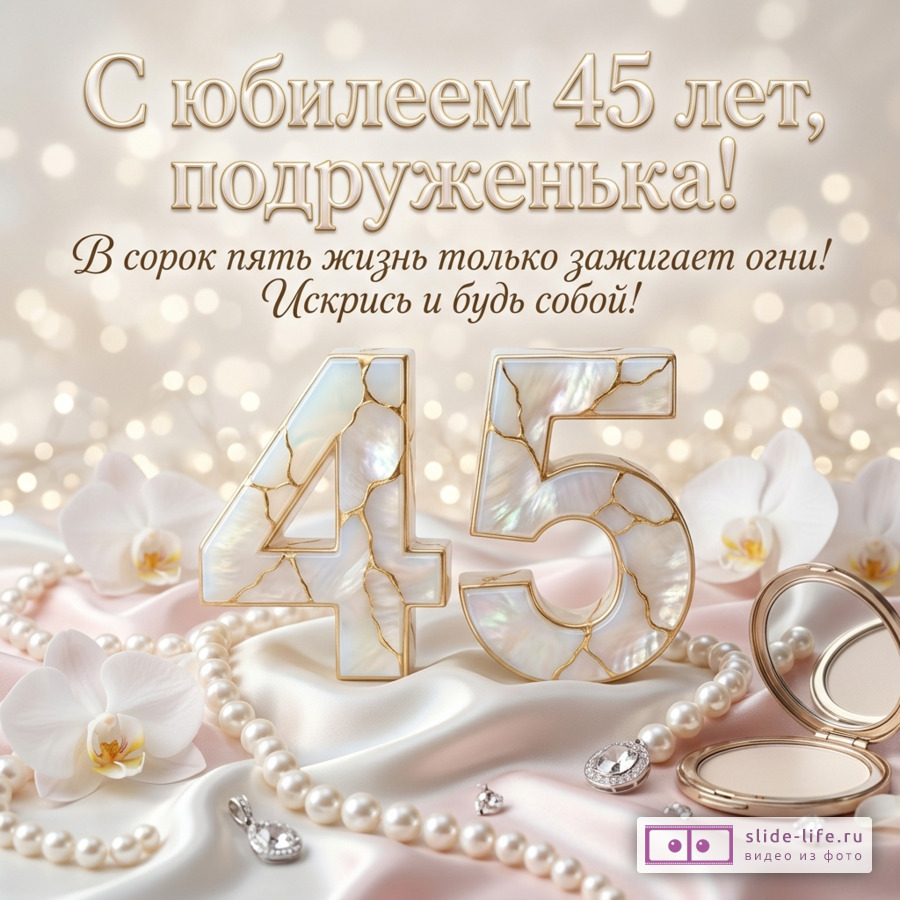 Открытка бежевого цвета с боке. В центре крупные цифры «45» из перламутра с золотыми прожилками. Слева и справа белые орхидеи. На переднем плане жемчужное ожерелье, серьги и пудреница. Текст: «С юбилеем 45 лет, подруженька! В сорок пять жизнь только зажигает огни! Искрись и будь собой!»