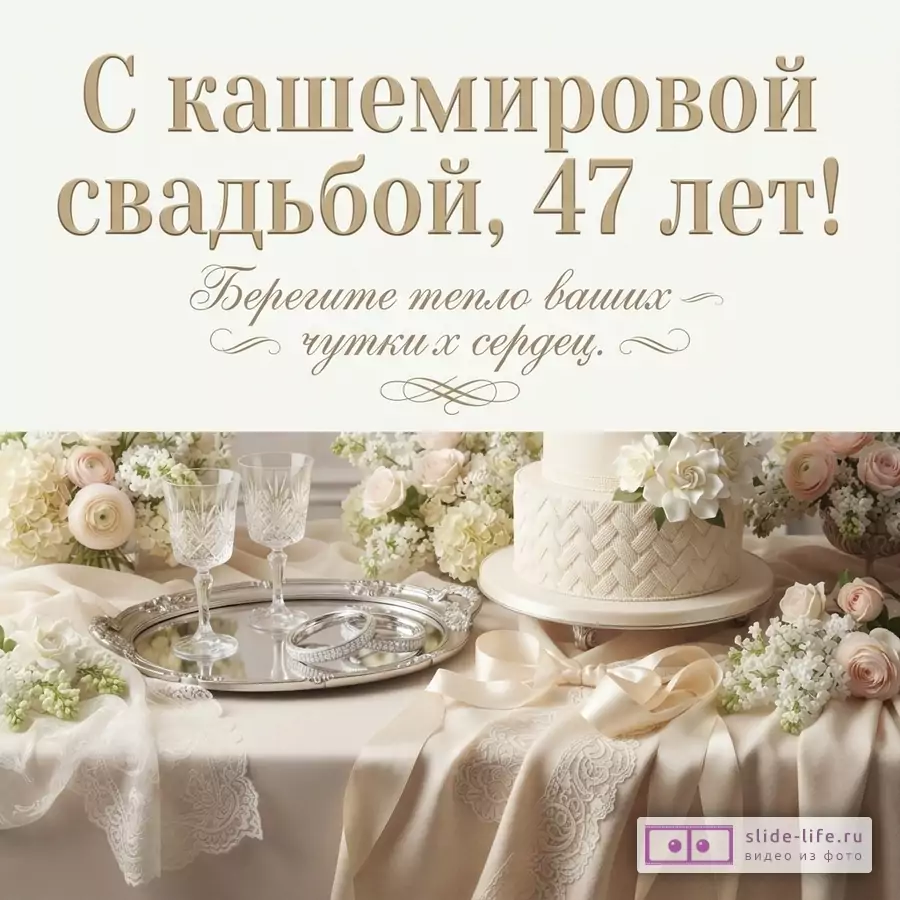Открытка бежевого цвета с золотистым текстом «С кашемировой свадьбой, 47 лет! Берегите тепло ваших чутких сердец.». Внизу свадебный стол с тортом, бокалами, цветами и кольцами.