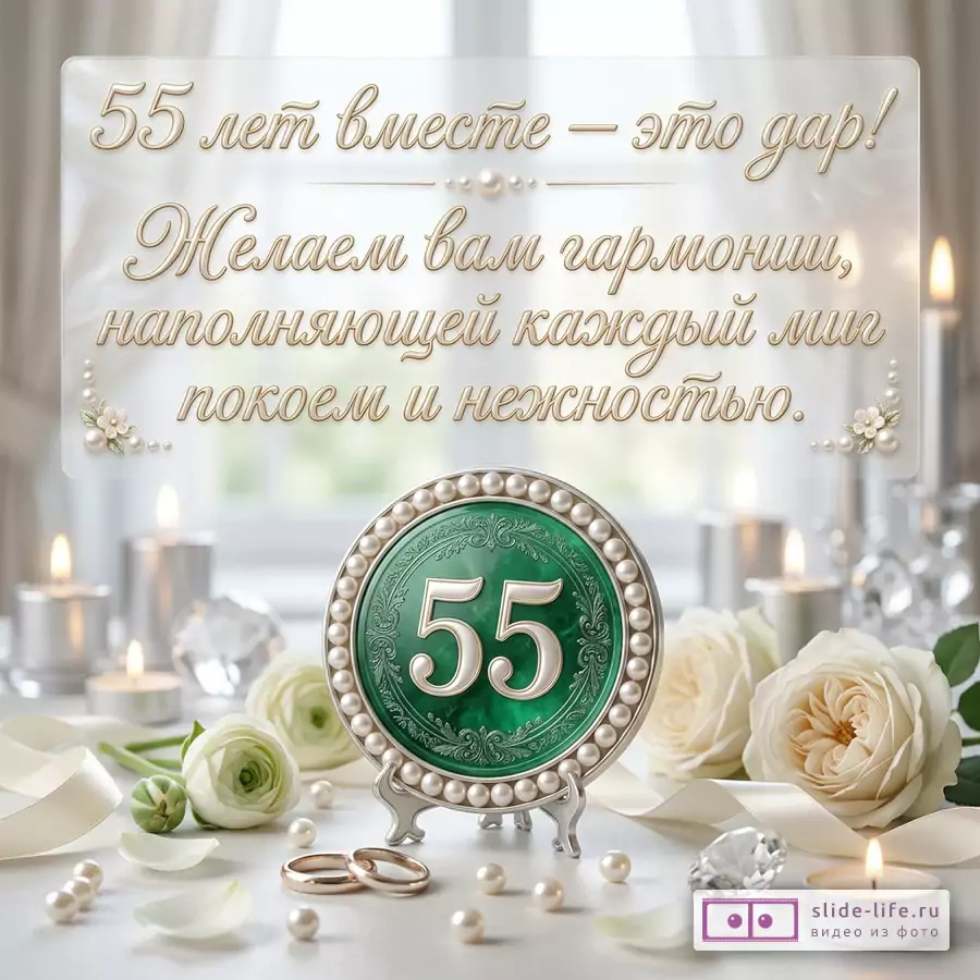 Открытка с бело-кремовым фоном, свечами, белыми розами, жемчугом, обручальными кольцами, декоративной тарелкой с числом 55, текст «55 лет вместе — это дар! Желаем вам гармонии, наполняющей каждый миг покоем и нежностью.»
