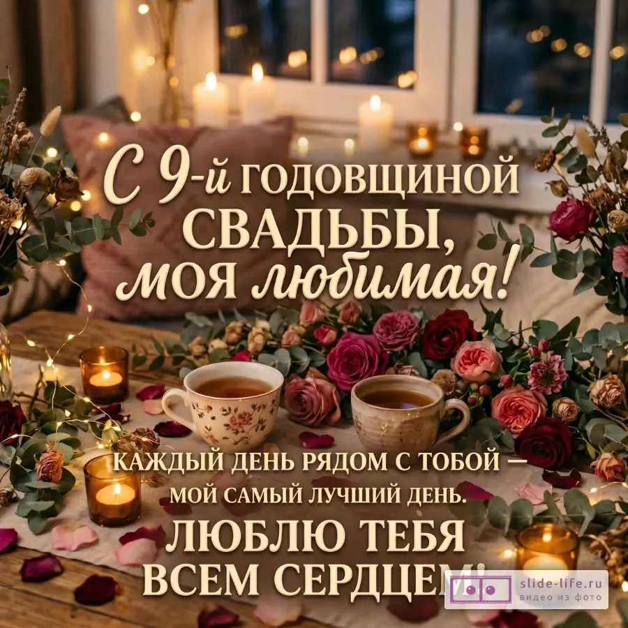 С Фаянсовой Свадьбой, Любимая Жена — красивая открытка от мужа на 9 годовщину свадьбы