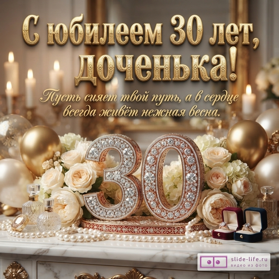 Объемная цифра 30 с кристаллами среди белых роз, золотых шаров и жемчуга. Текст: «С юбилеем 30 лет, доченька! Пусть сияет твой путь, а в сердце всегда живёт нежная весна.»