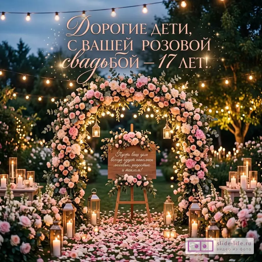 Тёмно-зелёный вечерний фон, арка из розовых цветов, свечи и фонари, лепестки на земле. Текст: «Дорогие дети, с вашей розовой свадьбой — 17 лет!»