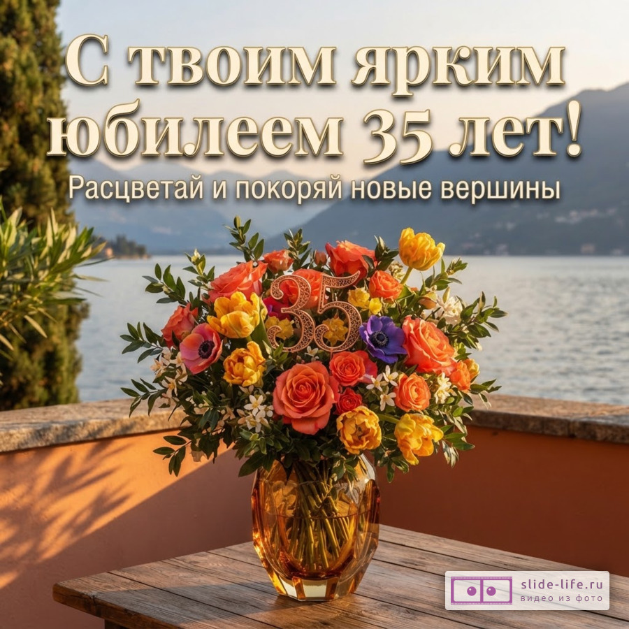 Букет оранжевых роз и тюльпанов в вазе с цифрой 35 на фоне озера и гор с текстом «С твоим ярким юбилеем 35 лет! Расцветай и покоряй новые вершины».