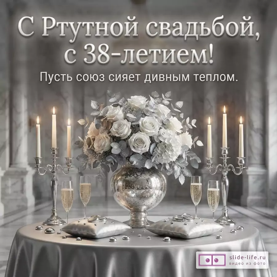 Стол с серебристой скатертью, на нем ваза с белыми розами и серебристыми листьями, два подсвечника с горящими свечами, два бокала с шампанским, две подушечки с обручальными кольцами. На заднем плане колонны. Текст: «С Ртутной свадьбой, с 38-летием! Пусть союз сияет дивным теплом.»