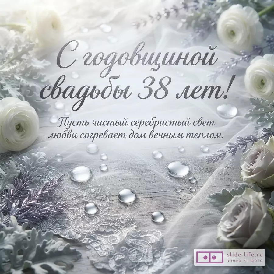 Квадратная открытка с белым фоном, полупрозрачной тканью, белыми цветами, серебристыми листьями и каплями воды. Текст: «С годовщиной свадьбы 38 лет! Пусть чистый серебристый свет любви согревает дом вечным теплом.»
