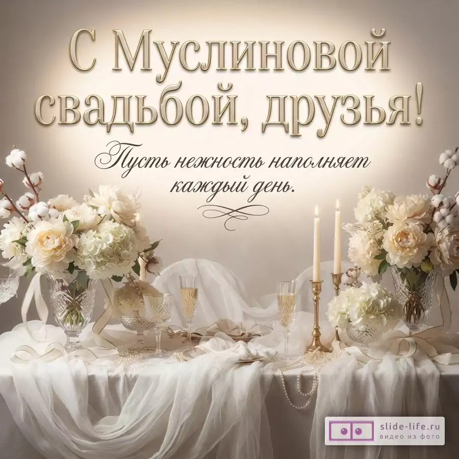 Бежевый фон, накрытый стол с белой скатертью, букеты белых цветов, свечи, бокалы с шампанским. Текст «С Муслиновой свадьбой, друзья! Пусть нежность наполняет каждый день.»