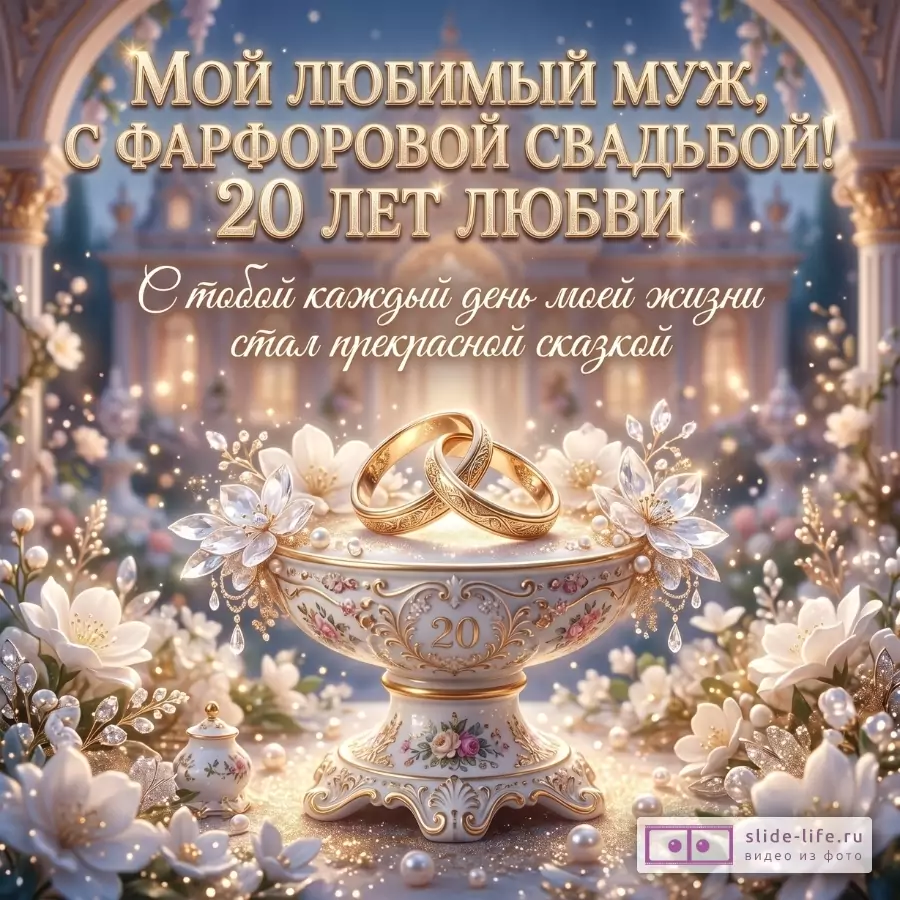 «Мой любимый муж, С ФАРФОРОВОЙ СВАДЬБОЙ! 20 ЛЕТ ЛЮБВИ С тобой каждый день моей жизни стал прекрасной сказкой». Голубой и золотистый фон, фарфоровая чаша, кольца, белые цветы, жемчуг