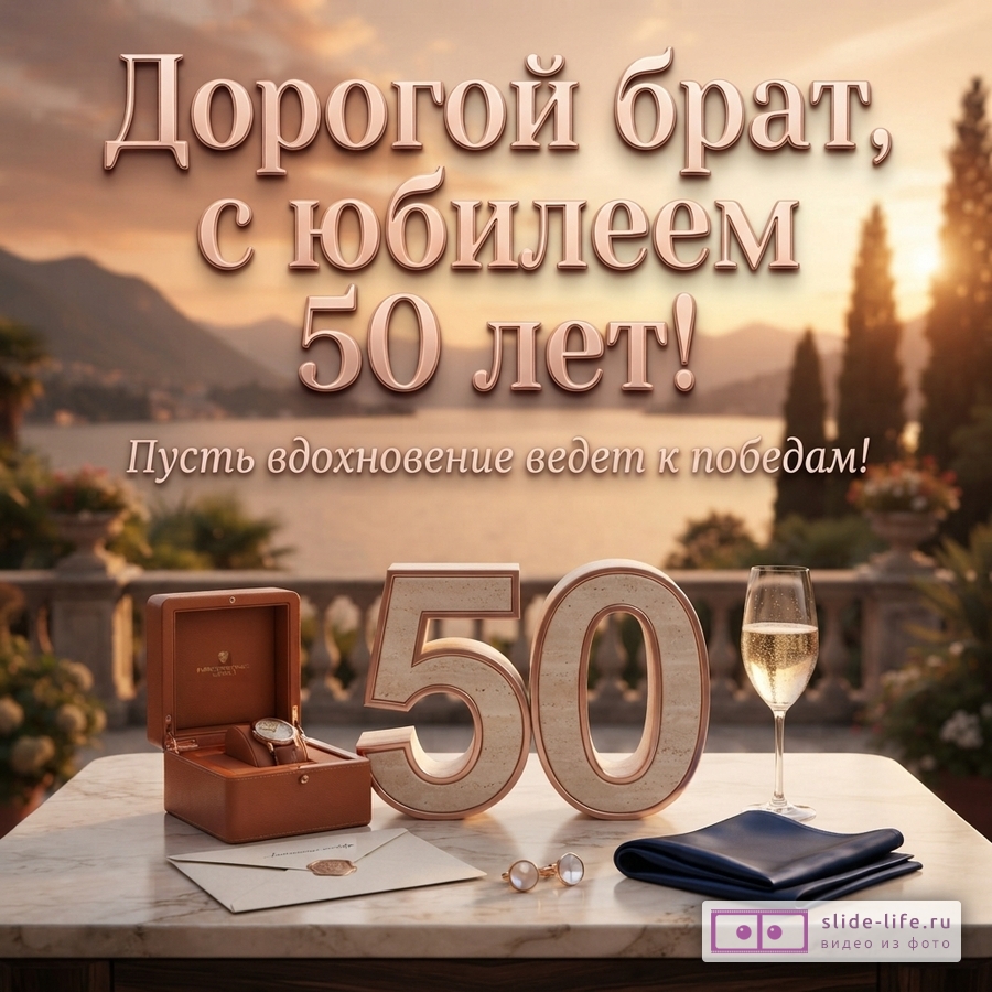 Фон заката над озером, горы, терраса. На переднем плане мраморный стол, на нем открытая коробка с часами, конверт, запонки, сложенный платок, бокал шампанского, объемные цифры 50. Текст «Дорогой брат, с юбилеем 50 лет! Пусть вдохновение ведет к победам!»