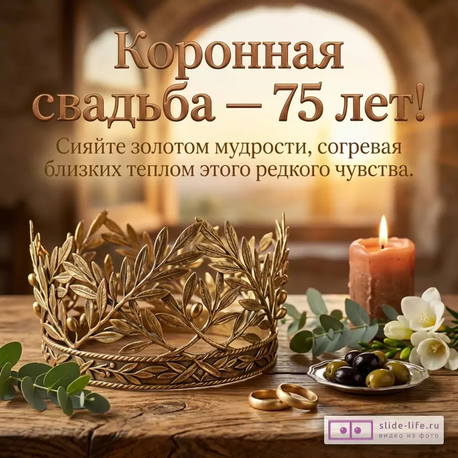 Золотой венец, обручальные кольца и свеча на столе с текстом «Коронная свадьба — 75 лет! Сияйте золотом мудрости, согревая близких теплом этого редкого чувства.»