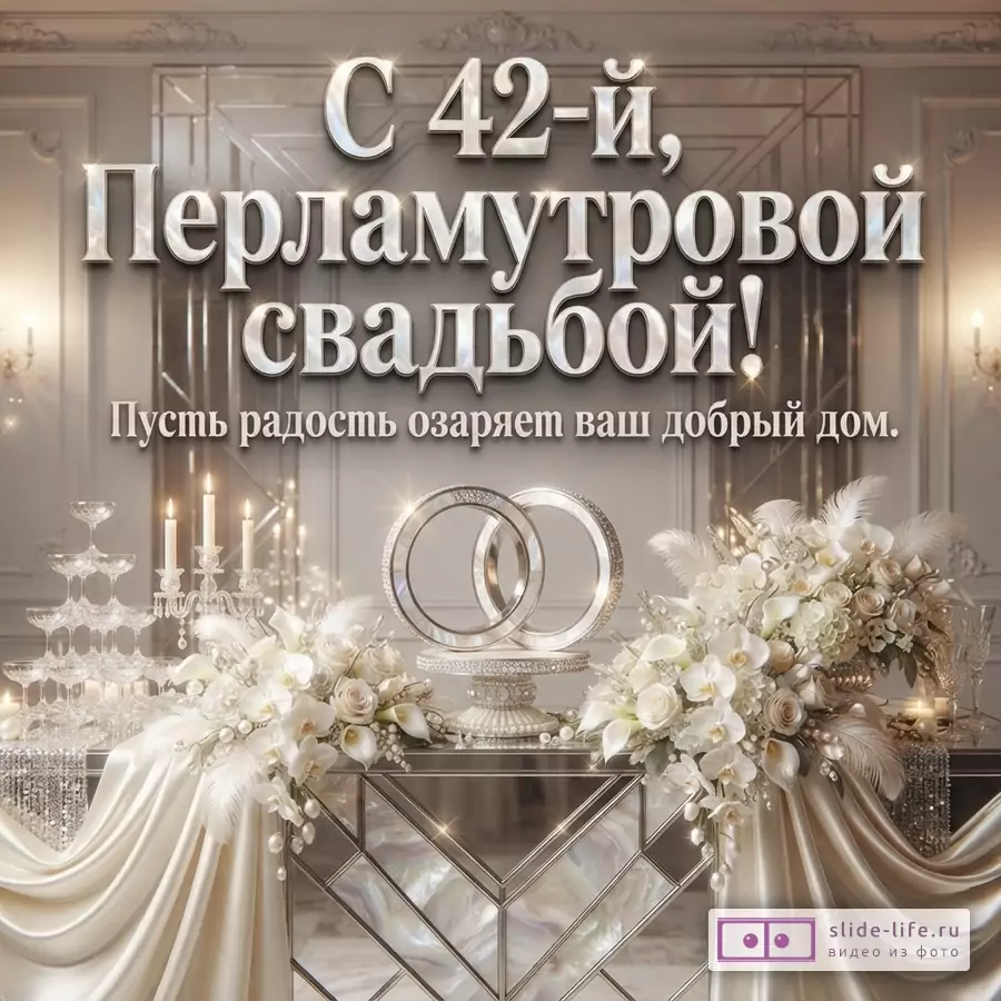 Фон светлый, бежевый. На переднем плане стол, покрытый бежевой тканью, на нем две цветочные композиции, две свечи, бокалы, два обручальных кольца. Текст: «С 42-й, Перламутровой свадьбой! Пусть радость озаряет ваш добрый дом.»
