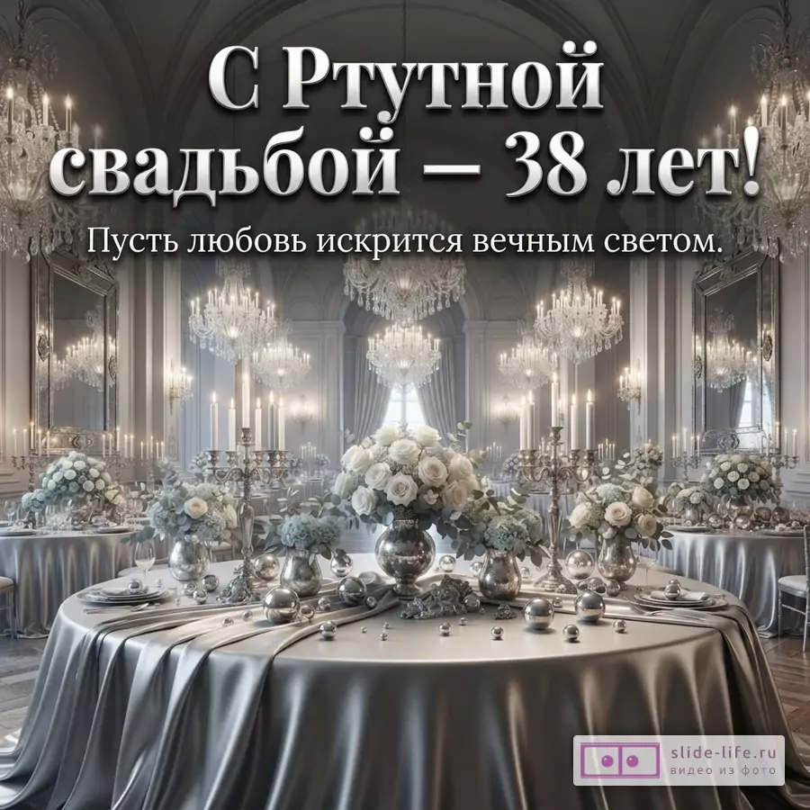 Интерьер роскошного зала в серых тонах, на переднем плане круглый стол с серой скатертью, сервировкой и цветочными композициями. Текст: «С Ртутной свадьбой — 38 лет! Пусть любовь искрится вечным светом»