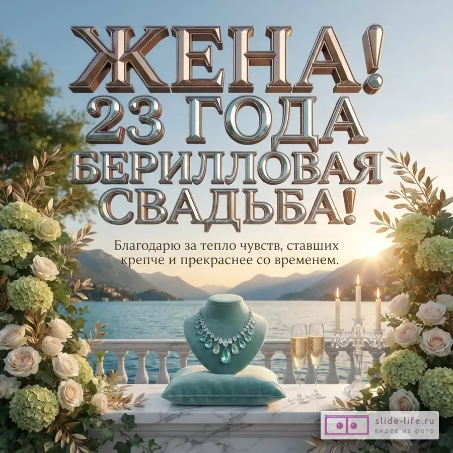 Открытка с текстом «ЖЕНЕ! 23 ГОДА БЕРИЛЛОВОЙ СВАДЬБЫ! Благодарю за тепло чувств, ставших крепче и прекраснее со временем.» на фоне озера, цветов, свечей и украшения.