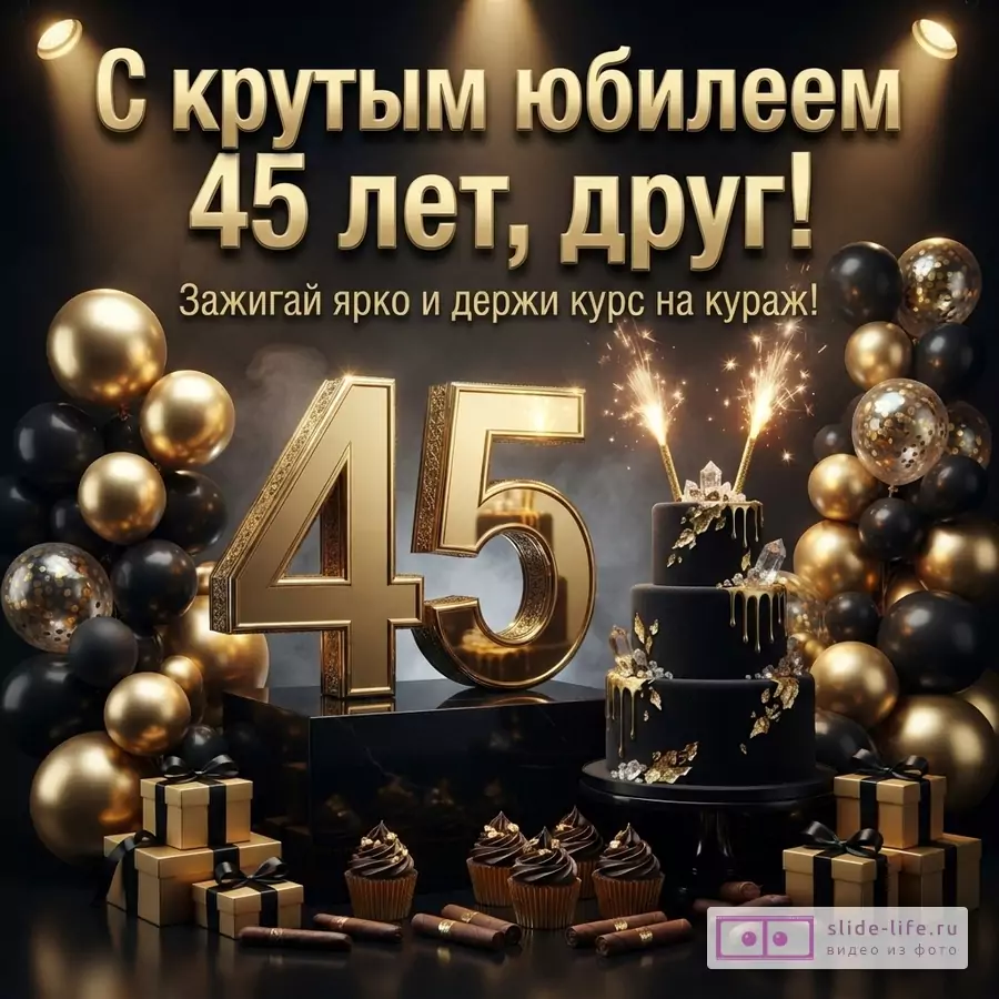 Открытка с черным фоном, золотыми шарами, подарками, тортом и капкейками. В центре золотые цифры «45». Текст: «С крутым юбилеем 45 лет, друг! Зажигай ярко и держи курс на кураж!»