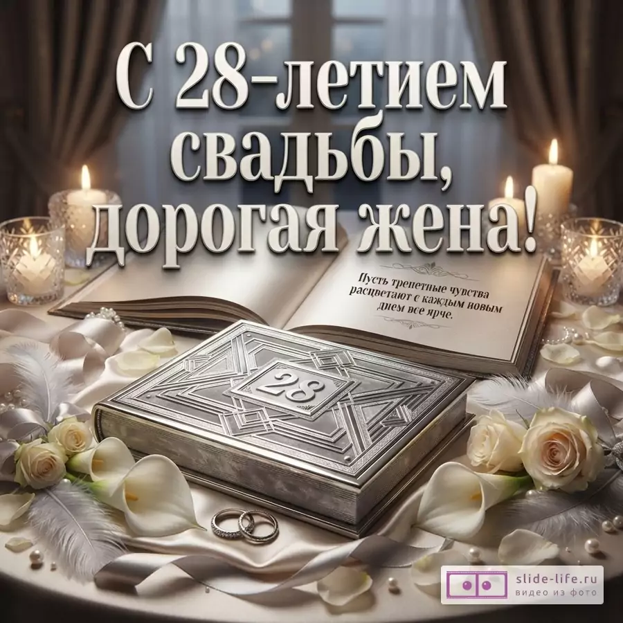 Открытка в виде книги на столе, фон размытый интерьер. На открытке текст «С 28-летием свадьбы, дорогая жена! Пусть трепетные чувства расцветают с каждым новым днем все ярче.». Рядом свечи, белые розы, каллы, перья, кольца.
