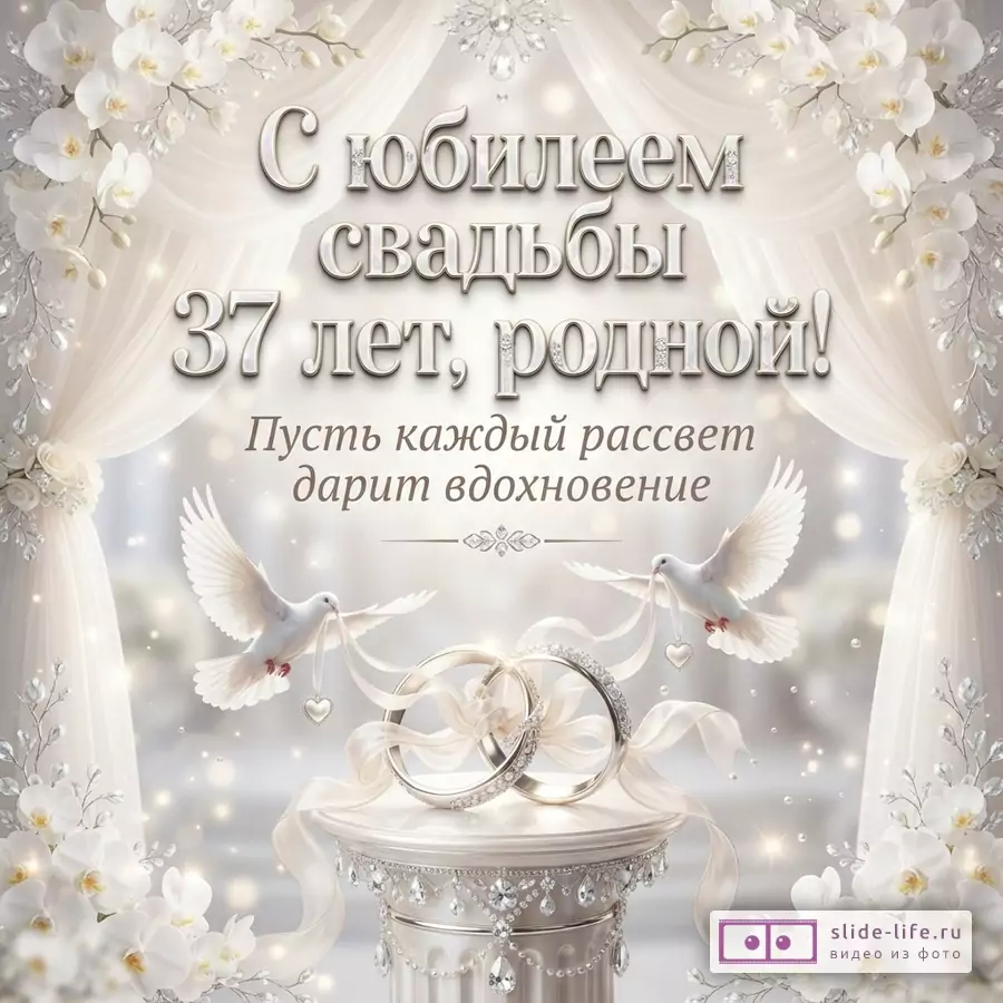 Светлый фон с белыми цветами, орхидеями и драпировкой. В центре два обручальных кольца на постаменте, по бокам два белых голубя. Текст: «С юбилеем свадьбы 37 лет, родной! Пусть каждый рассвет дарит вдохновение.»
