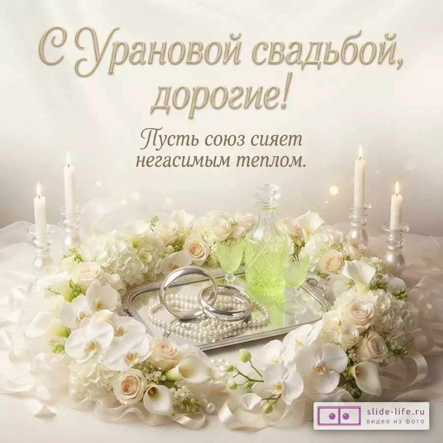 Бежевый фон, сверху надпись золотистым шрифтом «С Урановой свадьбой, дорогие! Пусть союз сияет негасимым теплом.». Внизу композиция из белых цветов, свечей, графина с зеленым напитком и двух бокалов, серебряного подноса с жемчужными бусами и двумя кольцами.