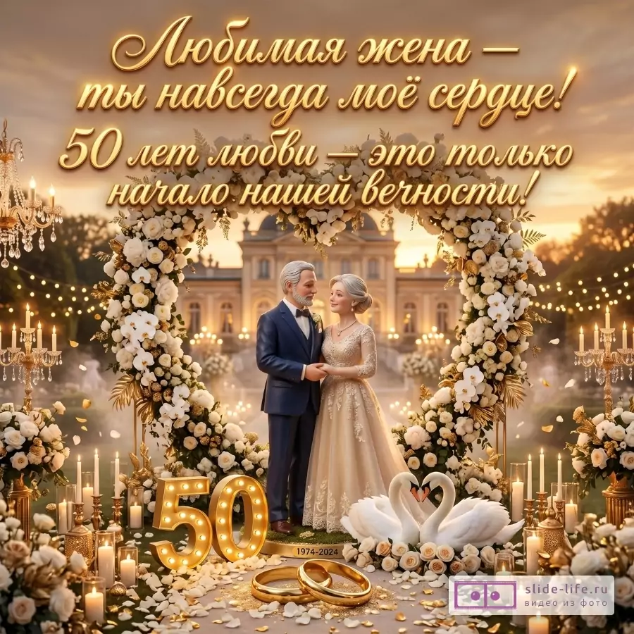 Золотисто-бежевый фон с дворцом, цветочной аркой, свечами и парой; текст «Любимая жена — ты навсегда моё сердце! 50 лет любви — это только начало нашей вечности!», число 50.