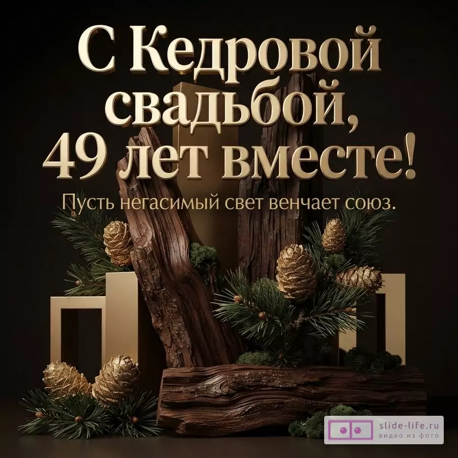 Темный фон, золотые буквы, деревянные элементы, еловые ветки с шишками. Текст: «С Кедровой свадьбой, 49 лет вместе! Пусть негасимый свет венчает союз.»