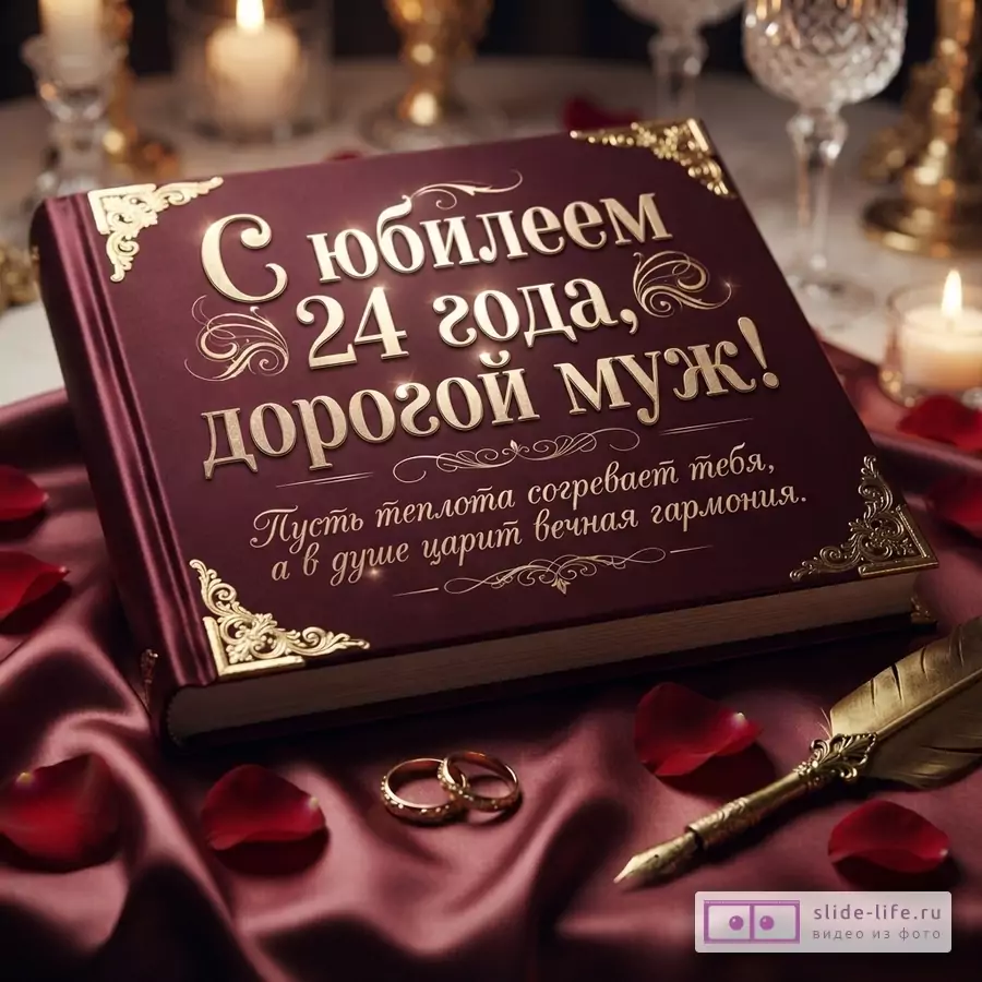 Бордовая книга с золотыми надписями «С юбилеем 24 года, дорогой муж! Пусть теплота согревает тебя, а в душе царит вечная гармония.», обручальные кольца, золотое перо, свечи и лепестки роз.