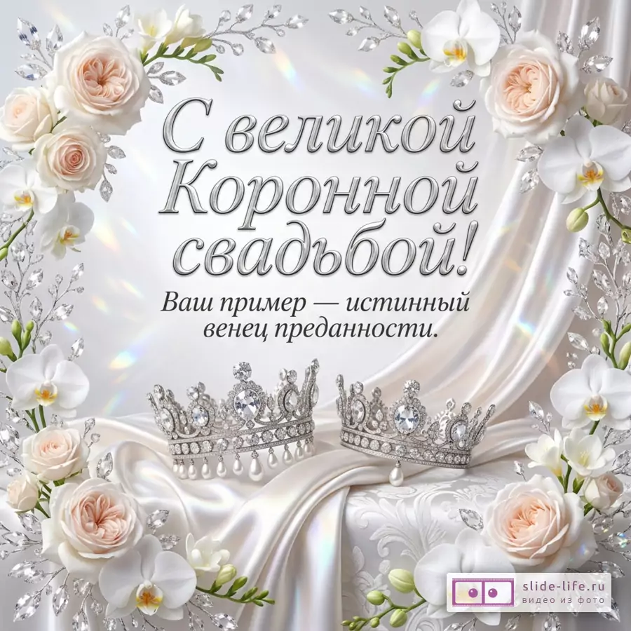 Две серебряные короны с драгоценными камнями на драпированном белом атласе в рамке из роз и орхидей. Текст: «С великой Коронной свадьбой! Ваш пример — истинный венец преданности.»