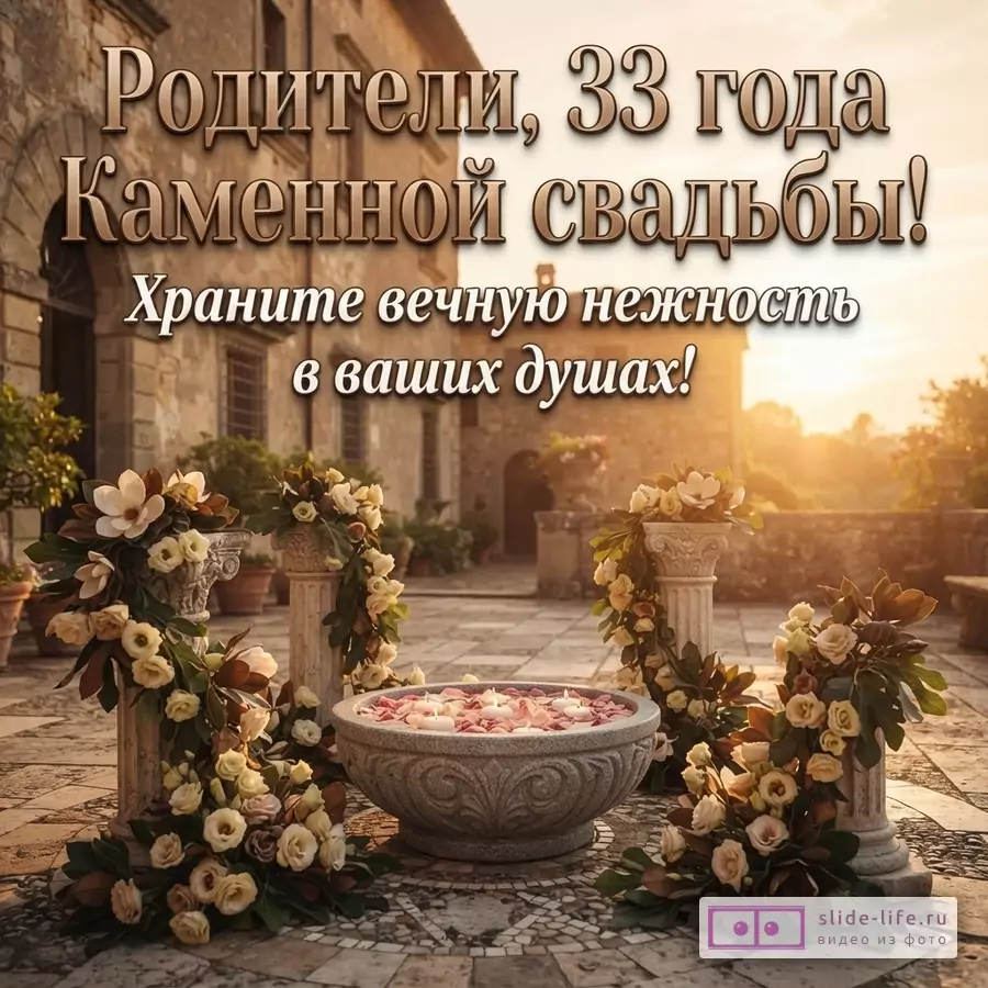 Открытка с фоном старинного здания и закатом, украшенная цветочными композициями и чашей с лепестками и свечами. Текст: «Родители, 33 года Каменной свадьбы! Храните вечную нежность в ваших душах!»
