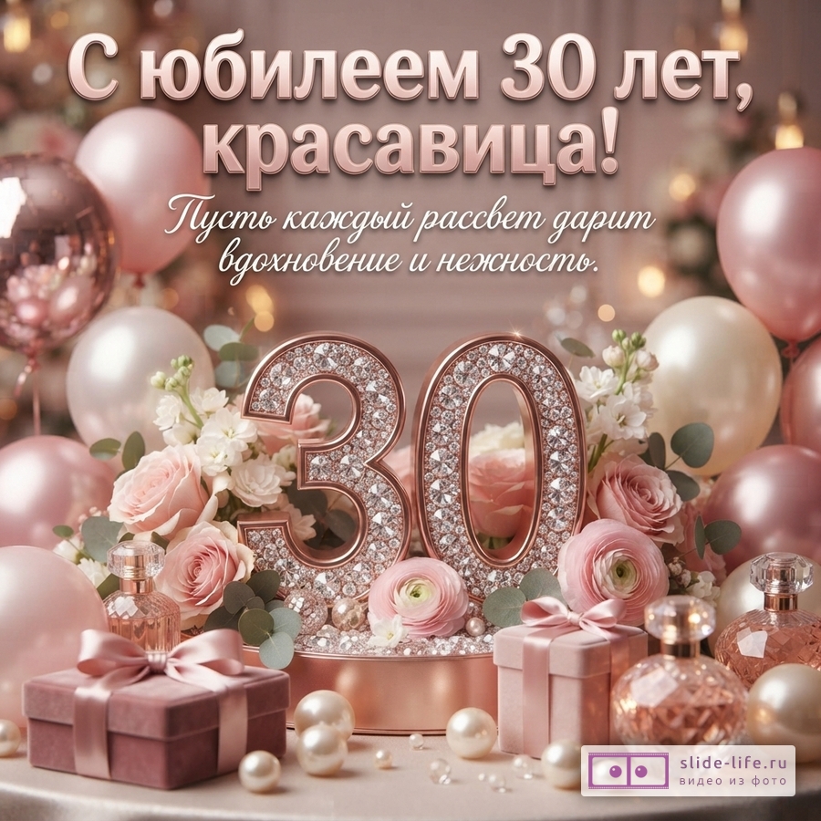 Объемная цифра 30 со стразами в окружении роз, воздушных шаров, флаконов духов и коробок с подарками. Текст: «С юбилеем 30 лет, красавица! Пусть каждый рассвет дарит вдохновение и нежность.»