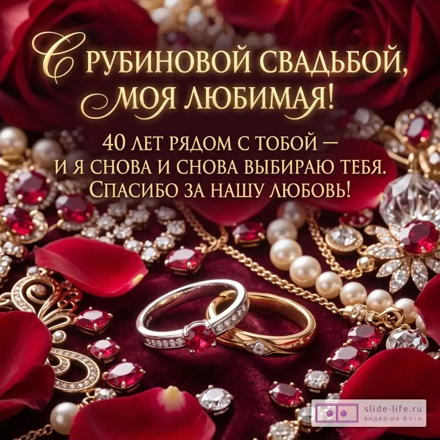 Бордовый фон, красные розы, рубиновые украшения, жемчужины и кольца; текст «С рубиновой свадьбой, моя любимая! 40 лет рядом с тобой — и я снова и снова выбираю тебя. Спасибо за нашу любовь!»