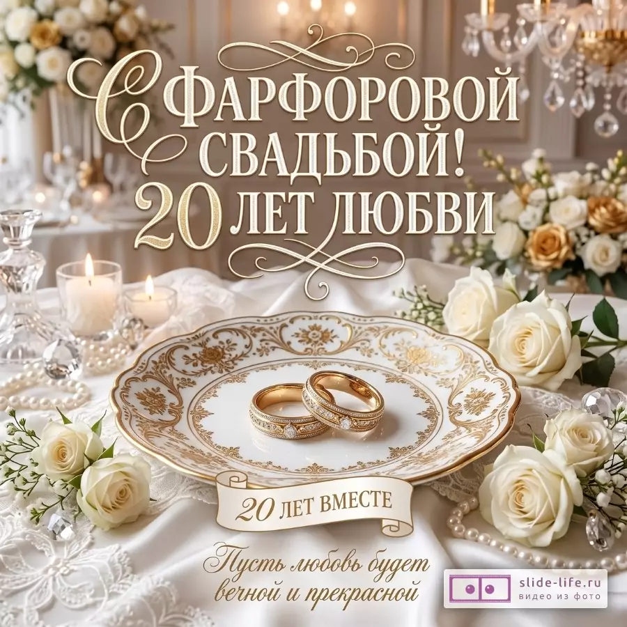 Праздничная композиция в бежево-белых и золотых тонах с фарфоровой тарелкой, кольцами, розами и свечами. Текст: «С ФАРФОРОВОЙ СВАДЬБОЙ! 20 ЛЕТ ЛЮБВИ», «20 ЛЕТ ВМЕСТЕ», «Пусть любовь будет вечной и прекрасной»