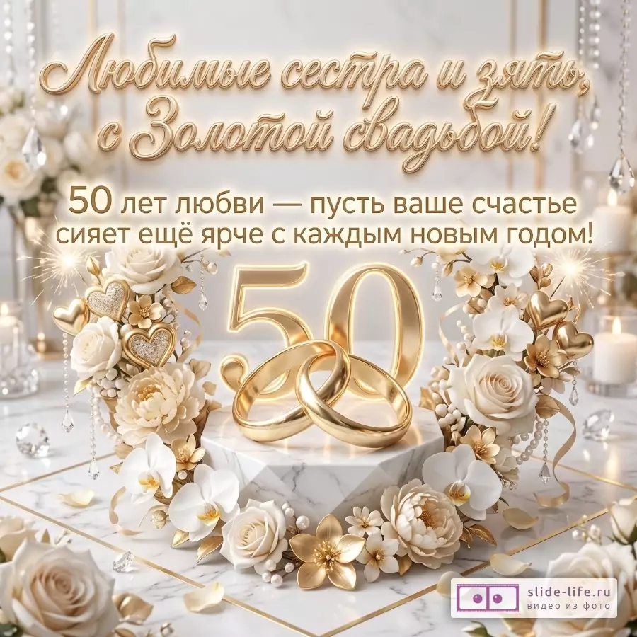 Бежево-золотой фон, бело-золотые цветы, розы, кольца и крупная «50». Текст: «Любимые сестра и зять, с Золотой свадьбой! 50 лет любви — пусть ваше счастье сияет ещё ярче с каждым новым годом!»