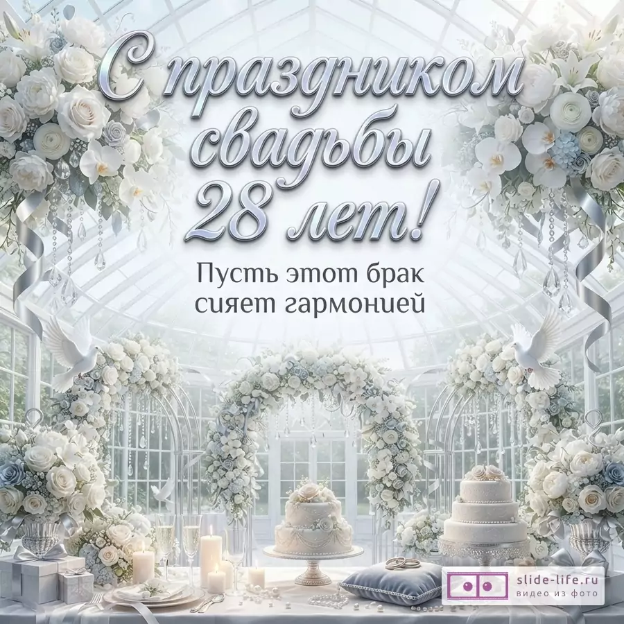 Белый фон, свадебная арка из белых цветов, два свадебных торта, голуби. Текст: «С праздником свадьбы 28 лет! Пусть этот брак сияет гармонией»