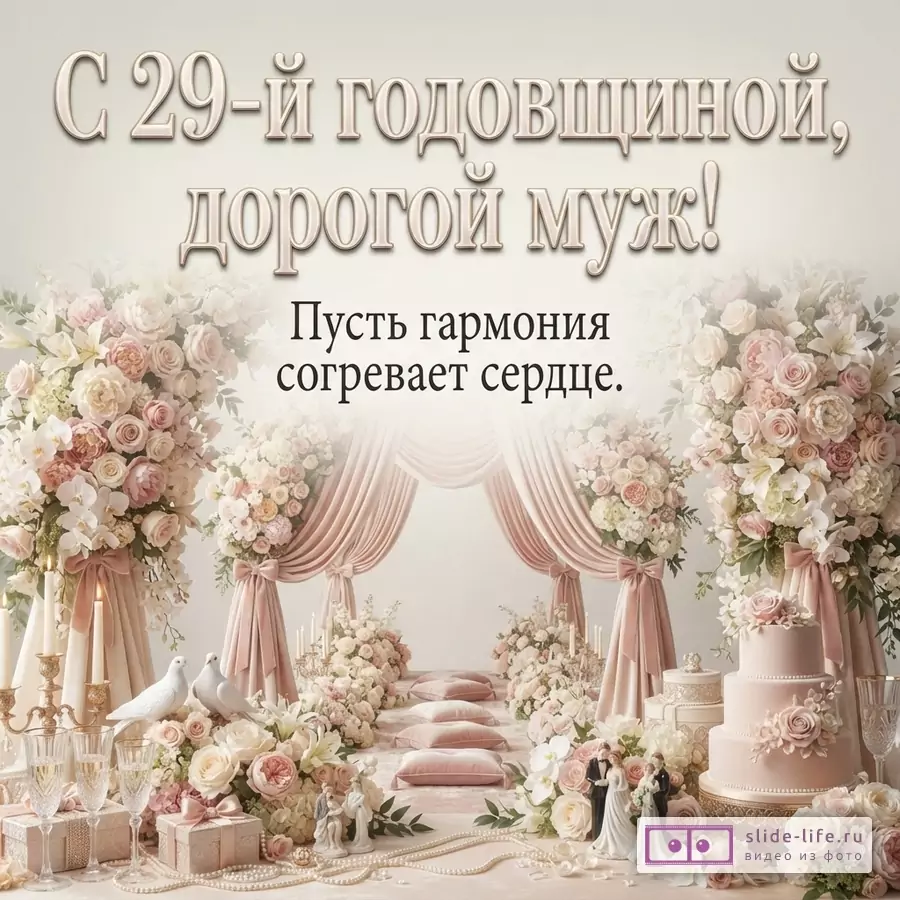 Светлый фон, по бокам и в центре композиции из розовых и белых цветов, розовые драпировки, свадебный торт, статуэтки жениха и невесты, голуби, бокалы, подарки. Текст «С 29-й годовщиной, дорогой муж! Пусть гармония согревает сердце.»