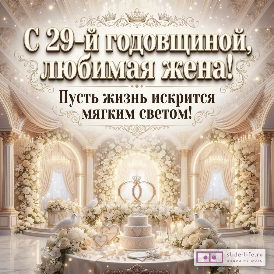 Открытка с бежевым фоном, золотыми узорами и цветами, текст «С 29-й годовщиной, любимая жена! Пусть жизнь искрится мягким светом!»