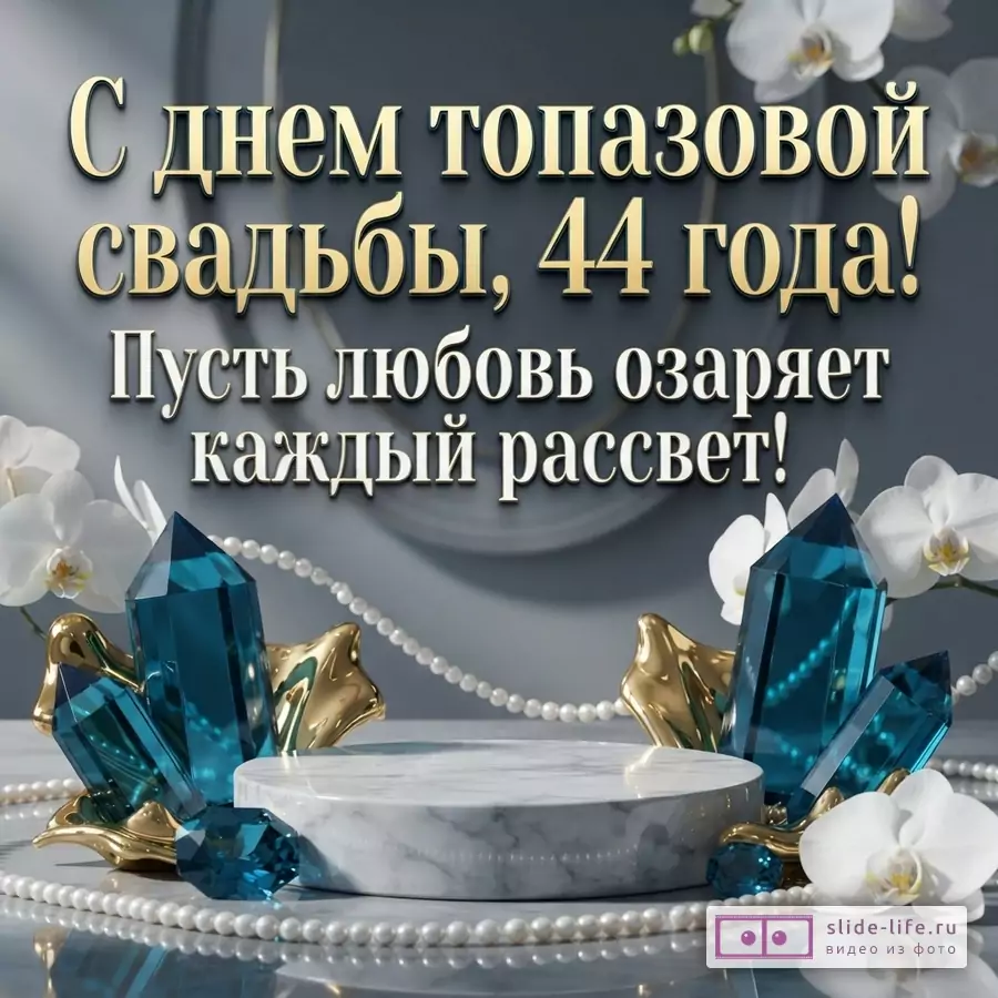 Темно-серый фон, золотой текст, белые орхидеи, синие кристаллы, золотые элементы, мраморный подиум, жемчужные бусы. Текст: «С днем топазовой свадьбы, 44 года! Пусть любовь озаряет каждый рассвет!»