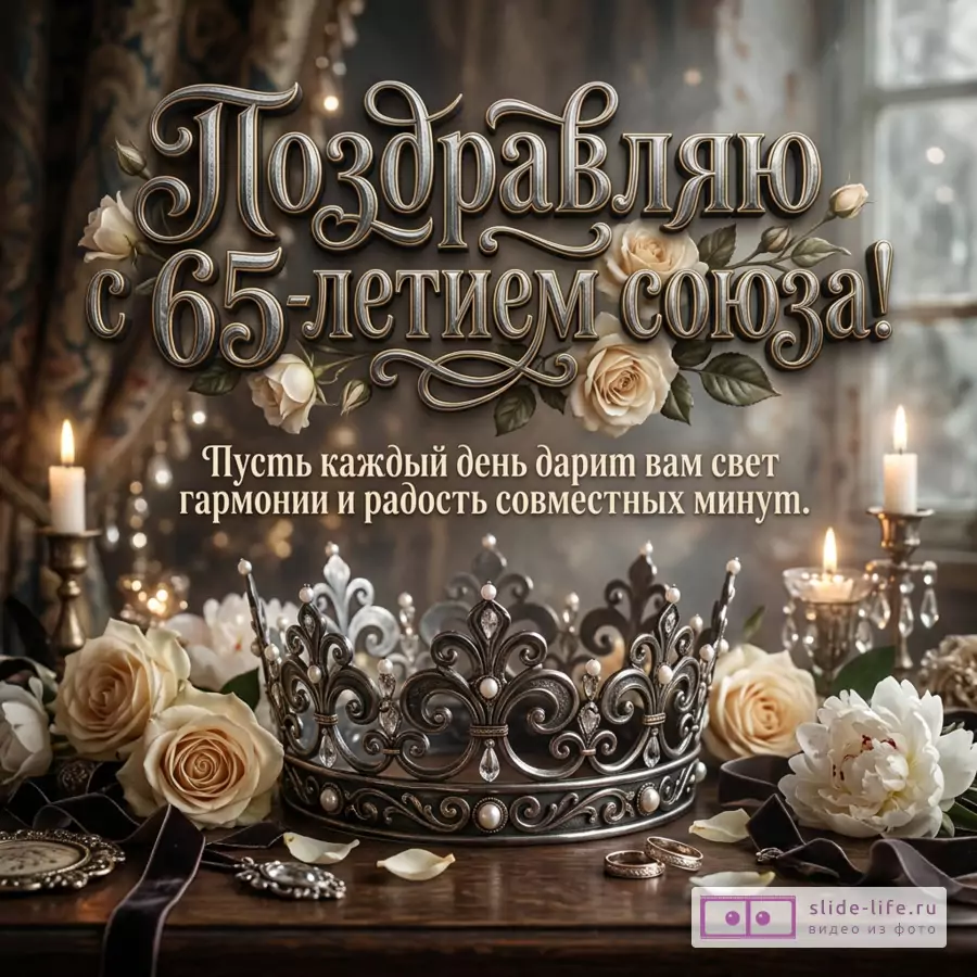 Винтажная открытка с серо-бежевым фоном, белыми розами, свечами, серебряной короной и кольцами, текст «Поздравляю с 65-летием союза! Пусть каждый день дарит вам свет гармонии и радость совместных минут.»